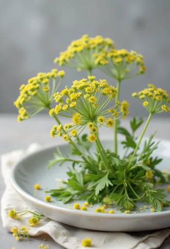 Ombrelle di fiori di aneto freschi su un piatto