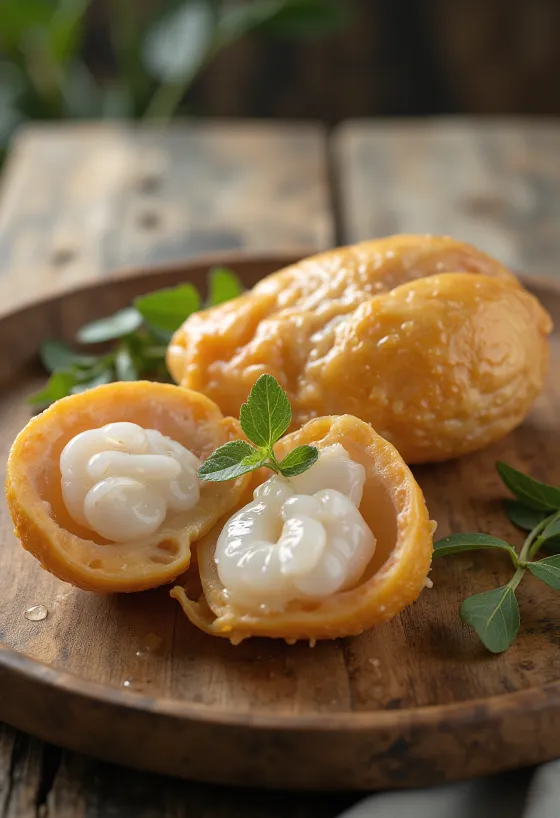 Spicchi traslucidi e succosi di frutto Langsat pronti per essere gustati