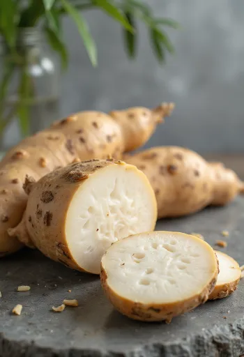 Fette di manioca (cassava) su tagliere con verdure