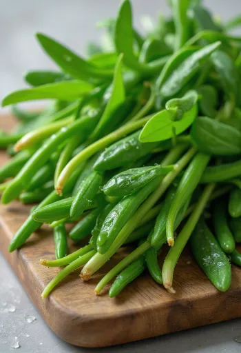 Foglie fresche di aglio orsino su tagliere di legno