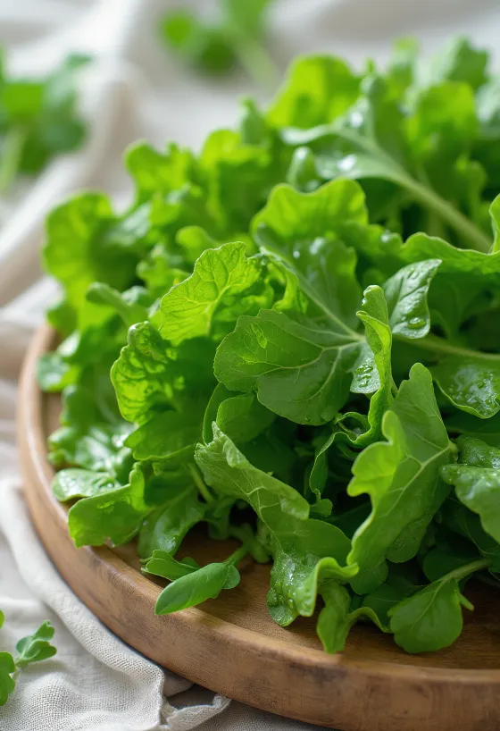 Foglie di senape fresche con gocce d'acqua su un piano di legno