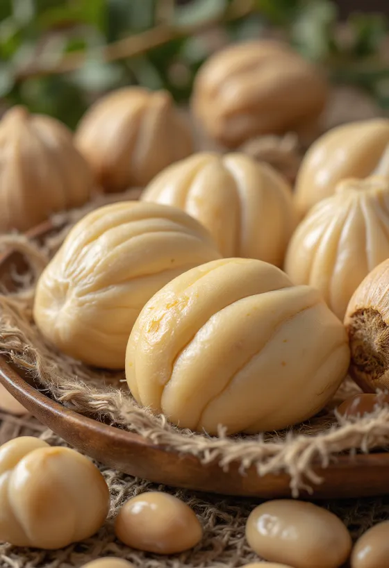 Noci di Pili al naturale su un piano di lavoro in legno