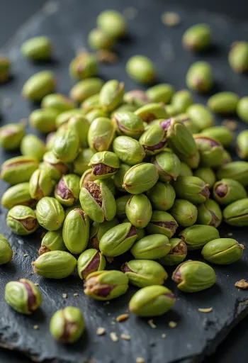 Pistacchi sgusciati al naturale su piatto bianco di design