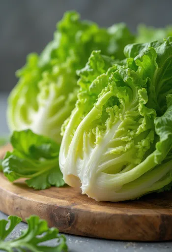Lattuga romana fresca con foglie lunghe e croccanti su tagliere