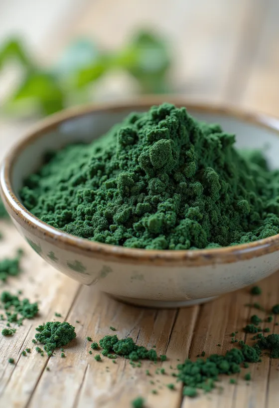 Polvere di spirulina in vasetto di vetro, colore verde intenso, con compresse di spirulina intorno