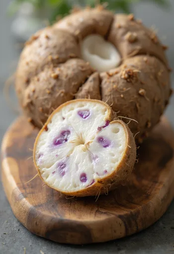 Radice di taro (taro root) affettata su tagliere, circondata da ortaggi a radice freschi