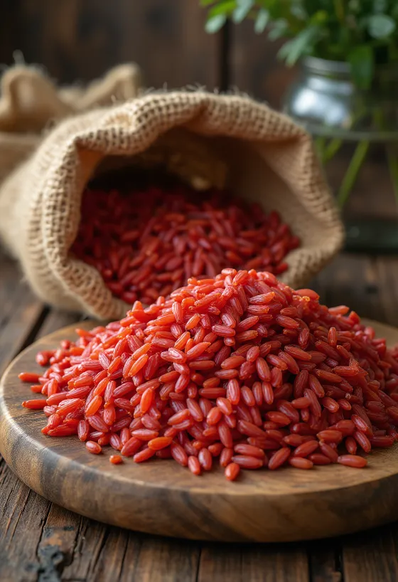 Riso rosso in vasetto di vetro circondato da chicchi crudi