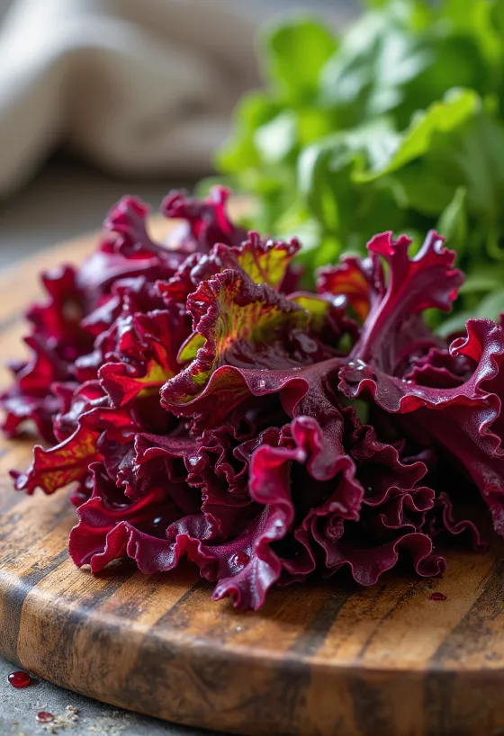 Lattuga foglia di quercia rossa fresca con foglie rosse e verdi su tagliere