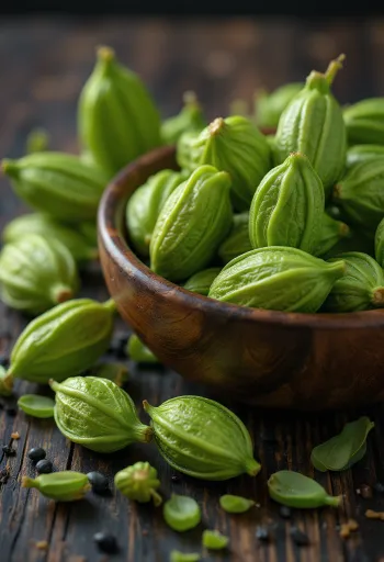 Semi di cardamomo verde essiccati disposti su un piano di legno rustico