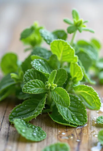 Foglie fresche e vellutate di Menta Mela su un piattino