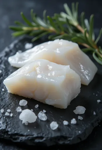 Filetto di merluzzo atlantico crudo su tagliere di legno