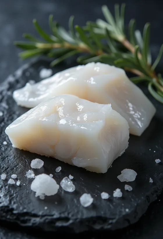 Filetto di merluzzo atlantico crudo su tagliere di legno