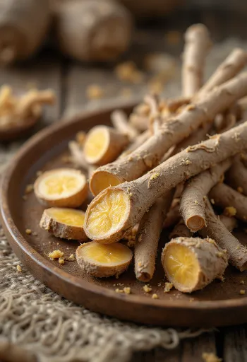 Radici di liquirizia essiccate e affettate su piano in legno