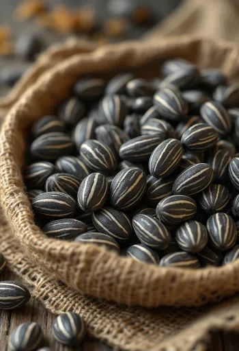 Semi di girasole striati con guscio bianco e nero, pronti per la tostatura