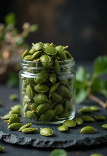 Semi di zucca decorticati, superficie verde liscia e invitante