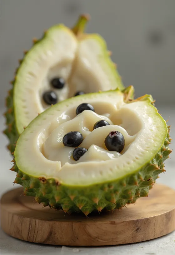 Cherimoya frutto intero e aperto con polpa bianca cremosa