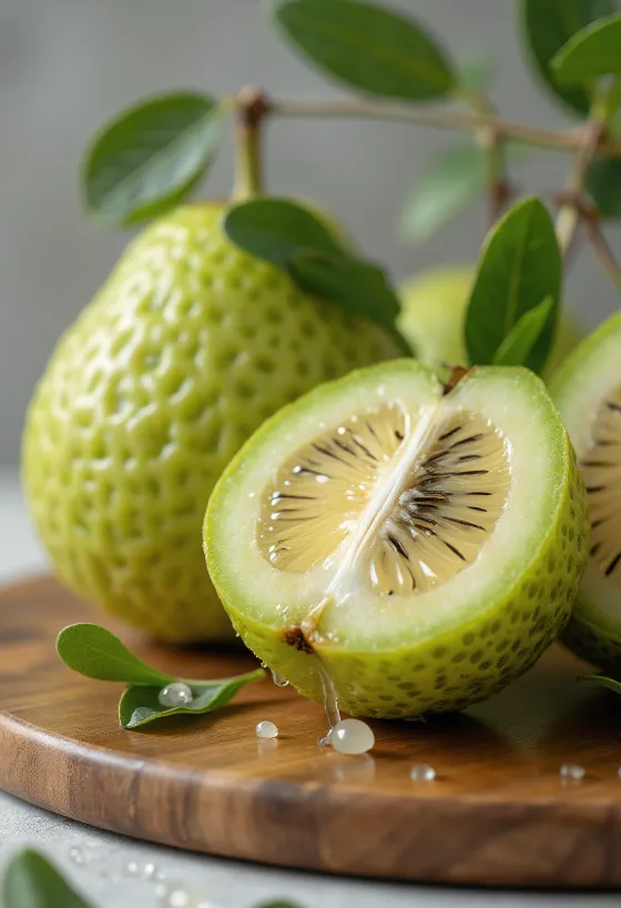 Frutto di Feijoa intero e tagliato a metà, polpa succosa in vista