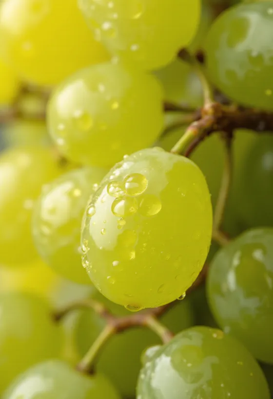 Grappolo di uva Irsai Olivér giallo-verde in primo piano