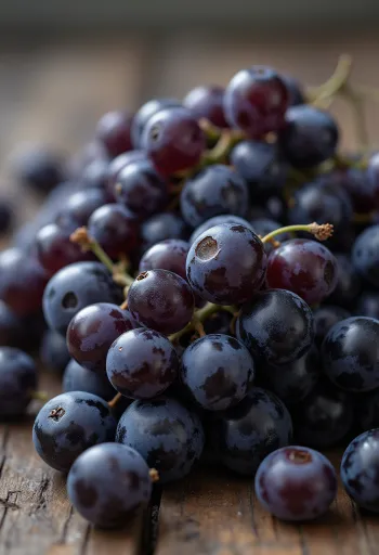 Primo piano di Uva Othello con acini freschi e succosi dalla buccia viola scuro quasi nera