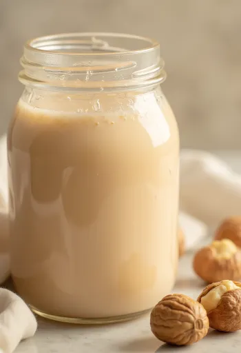Latte di nocciola versato in bicchiere con nocciole intere