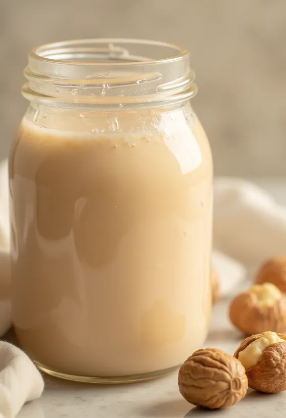 Latte di nocciola versato in bicchiere con nocciole intere