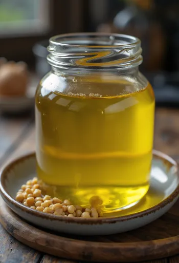 Olio di senape in bottiglietta circondato da semi di senape