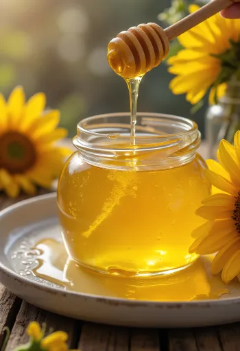 Miele di girasole in vasetto con spargimiele e fiori
