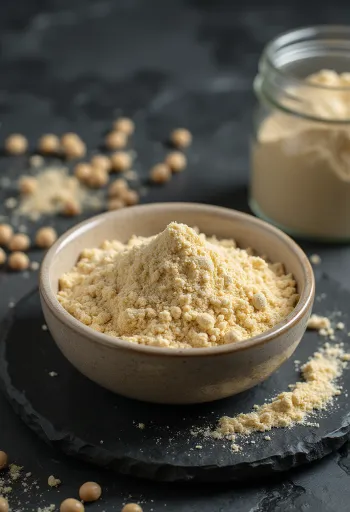 Polvere di proteine di pisello in ciotola con piselli gialli secchi