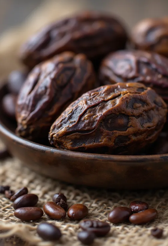 Fave di cacao crude e non fermentate con baccelli naturali