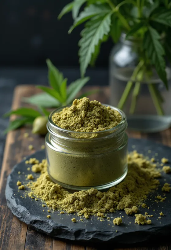 Proteine di canapa crude in polvere in ciotola con semi di canapa