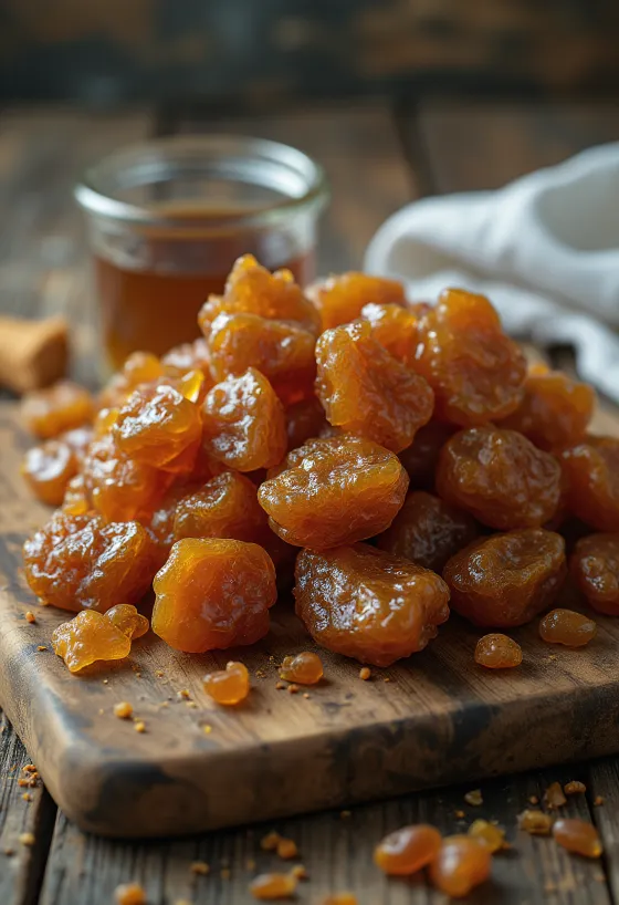 Pezzi di propoli grezza su superficie in legno, allo stato naturale