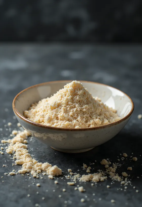 Polvere proteica di riso crudo beige chiaro in ciotola, con riso integrale a lato