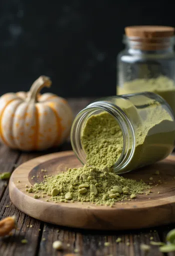 Polvere proteica di semi di zucca cruda verdognola, con semi di zucca a lato