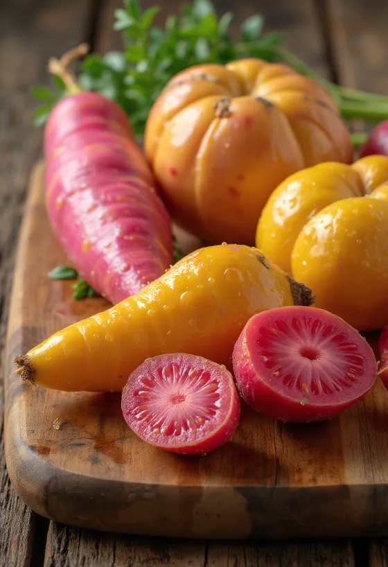 Tuberi di Oca dai colori vivaci (giallo, rosa, rosso) su un piano naturale