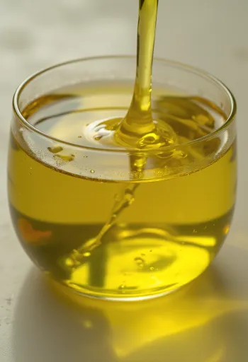 Olio extravergine d'oliva in bottiglia e ciotolina su superficie chiara