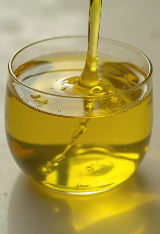 Olio extravergine d'oliva in bottiglia e ciotolina su superficie chiara