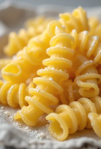 Fusilli di pasta cruda sparsi su piano di legno