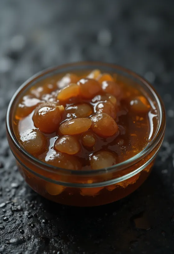 Ciotolina di salsa di ostriche scura e densa con ingredienti
