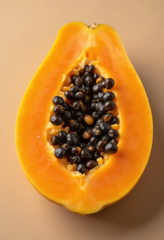 Papaya fresca affettata su superficie in legno con semi neri