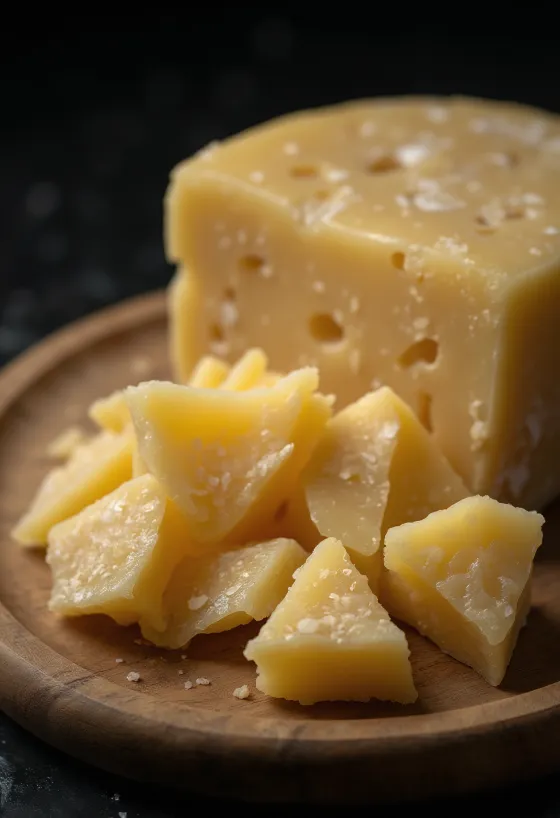 Parmigiano a pezzi e grattugiato su tagliere di legno