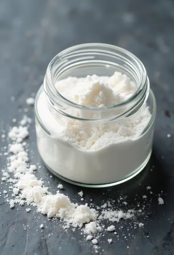 Polvere di pectina in una ciotolina con cucchiaio di legno su sfondo neutro