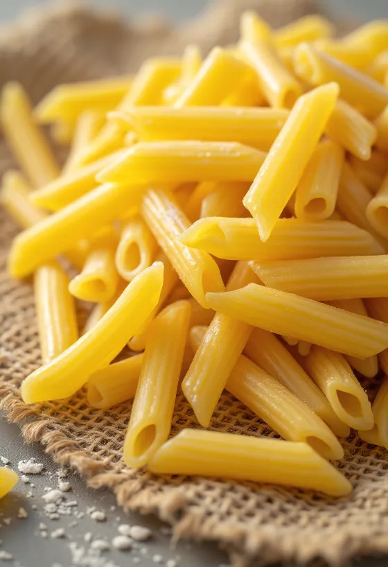 Penne rigate secche su superficie in legno rustico