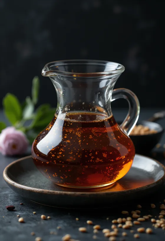 Olio di semi di sesamo tostato in bottiglia scura, con ciotolina e semi tostati a lato