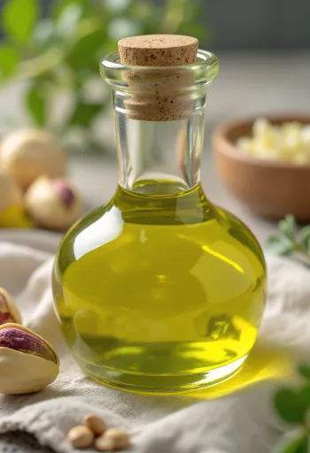 Olio di pistacchio in piccola bottiglia con pistacchi sgusciati a fianco
