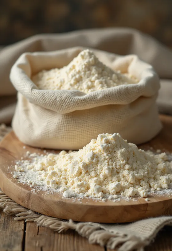 Farina di platano in ciotola con cucchiaio, platano verde e fette essiccate