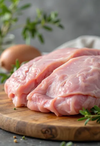 Pezzi di tacchino fresco con spezie e aglio su tagliere di legno
