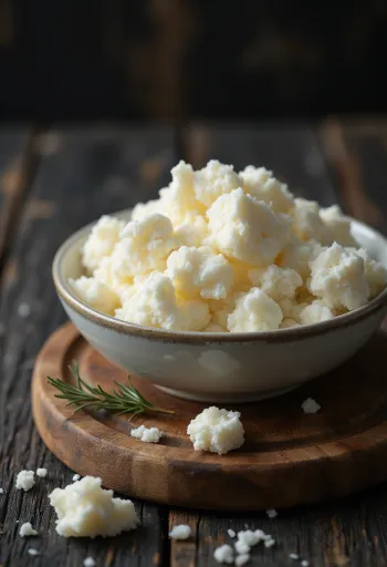 Ricotta fresca in ciotola di ceramica bianca su tavolo