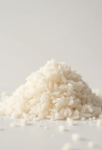 Semolino di riso crudo con granelli chiari in ciotola di ceramica su legno