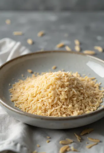 Crusca di riso in piccola ciotola di ceramica e sparsa su superficie in legno