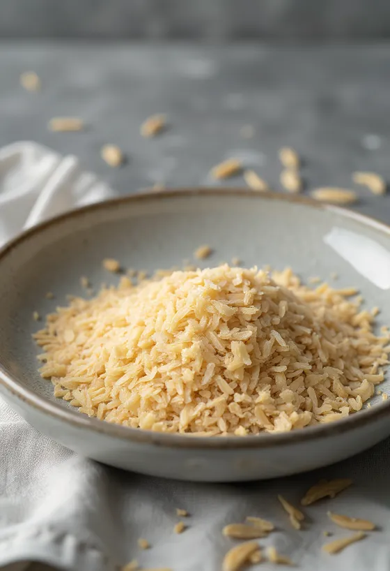 Crusca di riso in piccola ciotola di ceramica e sparsa su superficie in legno